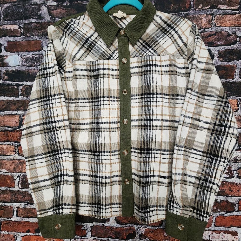 Hem & Thread Shacket Shirt Women's S Wool Blend Button Down Green Plaid Corduroy